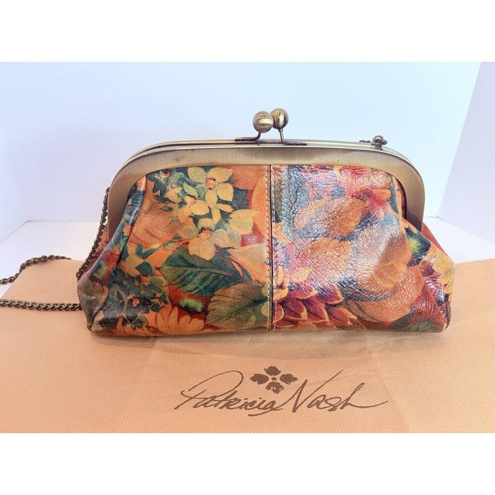 Patricia Nash Cauchy Leather Kisslock Frame Crossbody Bag Floral Clutch Dust Bag